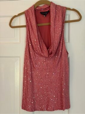 Carmen Marc Valvo Pink Sequin Cowl Neck Top